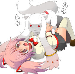 Rule 34 | 10s, 1girl, :3, kaname madoka, kyubey, lying, mahou shoujo madoka magica, mahou shoujo madoka magica (anime), pink hair, ribbon, shamanwer, short twintails, simple background, skirt, tears, thighhighs, twintails, you gonna get raped