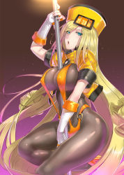Rule 34 | 1girl, adapted costume, between breasts, blonde hair, blue eyes, bodysuit, breasts, commentary request, covered erect nipples, cropped jacket, fingerless gloves, fingernails, fur hat, gloves, gradient background, guilty gear, guilty gear xrd, hat, high heels, highres, jacket, jikeshi, large breasts, long hair, looking at viewer, millia rage, o-ring, o-ring swimsuit, one-piece swimsuit, orange footwear, orange one-piece swimsuit, parted lips, pole, pole dancing, prehensile hair, shiny clothes, short sleeves, simple background, skin tight, slingshot swimsuit, solo, swimsuit, swimsuit over clothes, ushanka