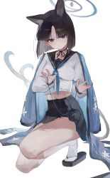 Rule 34 | 1girl, absurdres, animal ears, black eyes, black hair, black sailor collar, black skirt, blue archive, blue halo, breasts, cat&#039;s cradle, cat ears, cat tail, closed mouth, commentary request, full body, halo, haori, highres, japanese clothes, kikyou (blue archive), long sleeves, looking at viewer, medium breasts, multiple tails, pleated skirt, sailor collar, sandals, short hair, simple background, skirt, socks, solo, tail, two tails, white background, white socks, zombie ke, zouri