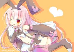 Rule 34 | 1girl, armpits, azur lane, blouse, boots, commentary request, detached sleeves, hair ornament, heart, hobby (azur lane), kou hiyoyo, long hair, looking at viewer, midriff, navel, one eye closed, open mouth, orange background, pink hair, pink thighhighs, rabbit hair ornament, red eyes, shirt, simple background, solo, thighhighs, thighhighs under boots, very long hair, white shirt, yellow background