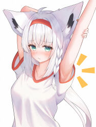Rule 34 | 1girl, absurdres, akaboshi natsume, alternate costume, animal ear fluff, animal ear piercing, animal ears, arm up, armpit peek, armpits, blue eyes, blush, braid, commentary request, cross-body stretch, embarrassed, fang, fang out, fox ears, gym shirt, gym uniform, hairband, highres, hololive, long hair, looking at viewer, low ponytail, notice lines, presenting armpit, red hairband, shirakami fubuki, shirt, short sleeves, side braid, simple background, skin fang, solo, t-shirt, virtual youtuber, white background, white hair, white shirt