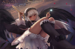 Rule 34 | 1girl, artist name, black footwear, black legwear, black wings, bloomers, boots, city, city lights, dress, feathered wings, feathers, flying, gothic lolita, hairband, high heel boots, high heels, highres, lolita fashion, long hair, novcel, over shoulder, petals, red eyes, rozen maiden, shoes, solo, suigintou, underwear, white hair, wings