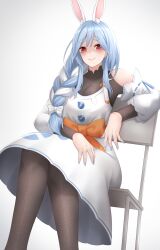 Rule 34 | 1girl, absurdres, animal ears, apron, black bodysuit, blue hair, blue nails, bodysuit, bow, braid, braided ponytail, detached sleeves, hair bow, highres, hololive, long hair, looking at viewer, mature female, multicolored hair, nail polish, pekomama, popcornflakes, rabbit-shaped pupils, rabbit ears, rabbit girl, red eyes, short eyebrows, smile, solo, streaked hair, symbol-shaped pupils, virtual youtuber, white apron, white background, white bow, white hair, white sleeves