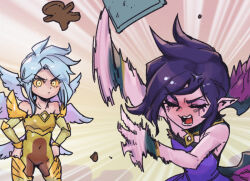 Rule 34 | 2girls, :d, armor, bare shoulders, blush, breasts, closed eyes, commentary request, cookie, dress, food, gold armor, grey hair, hands on own hips, kayle (league of legends), league of legends, medium hair, morgana (league of legends), multicolored background, multiple girls, open mouth, phantom ix row, pointy ears, purple dress, purple hair, short hair, small breasts, smile, teeth, throwing, tongue, upper body, wings, yellow eyes