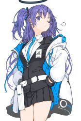 Rule 34 | 1girl, belt, black gloves, black jacket, black skirt, blue archive, blue necktie, closed mouth, collared shirt, cowboy shot, gloves, haimura kiyotaka, halo, hands on own hips, highres, id card, jacket, long hair, looking at viewer, miniskirt, necktie, one eye closed, pouch, purple eyes, purple hair, shirt, simple background, skirt, solo, two-sided fabric, two-sided jacket, two side up, white background, white belt, white jacket, white shirt, yuuka (blue archive)