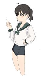 Rule 34 | 1girl, ahoge, black hair, blush stickers, bow, bowtie, contrapposto, cropped legs, from side, green bow, green bowtie, green sailor collar, hand on own hip, hand up, highres, index finger raised, kona ming, kuraue hinata, long sleeves, looking ahead, open mouth, purple eyes, sailor collar, school swimsuit, shirt, short hair, short twintails, simple background, solo, swimsuit, twintails, white background, white shirt, yama no susume