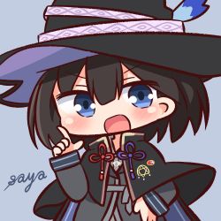 Rule 34 | 1girl, :d, black capelet, black hair, black hat, blue background, blue eyes, blush, capelet, character name, chibi, commentary request, grey shirt, hair between eyes, hana kazari, hand up, hat, highres, index finger raised, long sleeves, looking at viewer, majo no tabitabi, open mouth, saya (majo no tabitabi), shirt, simple background, sleeves past wrists, smile, solo, upper body, v-shaped eyebrows, witch hat