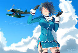 Rule 34 | 10s, 1girl, bad id, bad pixiv id, black gloves, black hair, black thighhighs, blue sky, breasts, cloud, day, garter straps, gloves, highres, kantai collection, large breasts, long sleeves, red eyes, seaplane, short hair, signature, sky, takao (kancolle), tebi (tbd11), thighhighs, uniform