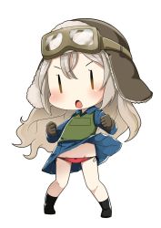 Rule 34 | 1girl, blue shirt, blue skirt, brown gloves, brown hair, brown hat, fairy (kancolle), full body, gloves, goggles, goggles on headwear, green vest, grey hair, hair between eyes, hat, highres, kantai collection, long hair, long sleeves, nassukun, open mouth, panties, pleated skirt, pola (kancolle), red panties, shirt, simple background, skirt, solo, standing, underwear, vest, white background, wind, wind lift