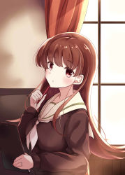 Rule 34 | 1girl, :o, absurdres, black serafuku, blush, breasts, brown shirt, clipboard, curtains, day, from side, highres, holding, holding pencil, indoors, jewelry, kantai collection, long hair, long sleeves, looking to the side, medium breasts, neckerchief, ooi (kancolle), parted lips, pencil, pencil to face, remodel (kantai collection), revision, ring, sailor collar, school uniform, serafuku, shirt, solo, soramuko, straight hair, upper body, wedding band, white neckerchief, white sailor collar, window