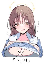 Rule 34 | 1girl, absurdres, blue archive, blush, breasts, brown hair, commentary request, eyewear hang, eyewear hang, unworn eyewear, halo, hand on own chest, highres, himiya jouzu, large breasts, long hair, looking at viewer, moe (blue archive), moe (swimsuit) (blue archive), official alternate costume, open mouth, smile, solo, upper body, yellow eyes, yellow halo
