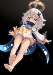 Rule 34 | 1girl, barefoot, black background, blue cape, blue eyes, blue scarf, cape, feet, foot focus, foreshortening, full body, genshin impact, hair between eyes, hair ornament, halo, highres, long sleeves, looking at viewer, medium hair, paimon (genshin impact), scarf, soles, solo, white hair, white ph