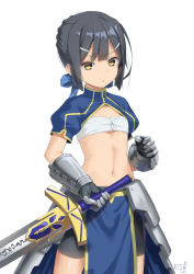 Rule 34 | 1girl, :&lt;, artoria pendragon (all), artoria pendragon (fate), aruma (sawayaka tokuko miruku), bike shorts, black hair, black shorts, blue bow, blue skirt, bow, braid, brown eyes, commentary request, cosplay, excalibur (fate/stay night), fate/kaleid liner prisma illya, fate/stay night, fate (series), flat chest, gauntlets, hair bow, hair ornament, hairclip, highres, holding, holding sword, holding weapon, looking at viewer, miyu edelfelt, navel, parted lips, puffy short sleeves, puffy sleeves, saber (fate), saber (fate) (cosplay), short hair, short shorts, short sleeves, shorts, sidelocks, signature, simple background, skirt, solo, sword, triangle mouth, triangular headpiece, v-shaped eyebrows, weapon, white background