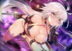Rule 34 | 1girl, ahoge, bare shoulders, bikini, black bikini, blush, breasts, choker, cleavage, collarbone, commentary request, cropped jacket, fate/grand order, fate (series), full body, hair between eyes, holding, holding weapon, jeanne d&#039;arc alter (swimsuit berserker) (fate), jeanne d&#039;arc (fate), jeanne d&#039;arc alter (fate), jeanne d&#039;arc alter (swimsuit berserker) (fate), large breasts, lips, long hair, long sleeves, looking at viewer, o-ring, parted lips, red thighhighs, shiny skin, sidelocks, single bare shoulder, single thighhigh, solo, swimsuit, teddy (khanshin), thighhighs, thighs, unsheathed, weapon, yellow eyes