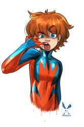 Rule 34 | 1boy, animification, artist name, bailey briggs, blue eyes, child, commentary, english commentary, finger in own mouth, freckles, highres, konan saurus, looking at viewer, male focus, marvel, red hair, solo, spider-boy (spider-man), spider-man (series), spider-verse, spider-verse (comics), superhero costume, tongue, tongue out, tooth gap, two-tone bodysuit, upper body, white background
