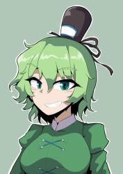 Rule 34 | 1girl, black hat, commentary, cross-laced clothes, green eyes, green hair, grey background, hair between eyes, hat, looking at viewer, midori niku, outline, short hair, simple background, smile, soga no tojiko, solo, tate eboshi, touhou, upper body, white outline