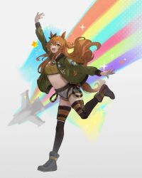 Rule 34 | 1girl, aircraft, airplane, animal ears, arm up, belt, bomber jacket, boots, bow, brown thighhighs, crop top, dog tags, ear bow, fighter jet, full body, green jacket, grey background, grey footwear, horse ears, horse girl, horse tail, jacket, jet, long hair, mayano top gun (umamusume), midriff, military, military vehicle, navel, one eye closed, open clothes, open jacket, open mouth, orange eyes, orange hair, outstretched arms, rainbow, shirt, short shorts, shorts, smile, solo, sparkle, star (symbol), tail, thighhighs, two side up, umamusume, white shorts, youmicitrustea
