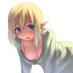 Rule 34 | 1girl, aaaa (quad-a), bad id, bad pixiv id, bent over, blonde hair, blouse, blue eyes, blush, breasts, cleavage, downblouse, elf, green shirt, long hair, loose clothes, loose shirt, medium breasts, no bra, open mouth, original, pointy ears, shirt, simple background, solo, white background