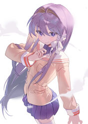 Rule 34 | &gt;:), 1girl, absurdres, arm at side, backlighting, blazer, blue skirt, blush, bright pupils, clannad, closed mouth, commentary request, foreshortening, fujibayashi kyou, hair between eyes, hair intakes, hair ribbon, hand up, highres, hikarizaka private high school uniform, jacket, korean commentary, long hair, looking at viewer, miniskirt, pleated skirt, purple eyes, purple hair, ribbon, sailor collar, school uniform, seoji, sidelocks, simple background, skirt, smile, smug, solo, straight hair, thighhighs, tress ribbon, v-shaped eyebrows, very long hair, white background, white ribbon, white sailor collar, white thighhighs, yellow jacket, zettai ryouiki