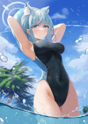 Rule 34 | 1girl, absurdres, animal ear fluff, animal ears, arikawa rui, armpits, arms up, ball, bare arms, bare shoulders, beachball, black one-piece swimsuit, blue archive, blue eyes, breasts, closed mouth, competition swimsuit, covered navel, day, extra ears, groin, halo, highleg, highleg swimsuit, highres, impossible clothes, impossible swimsuit, large breasts, long hair, looking at viewer, mismatched pupils, one-piece swimsuit, outdoors, ponytail, shiroko (blue archive), shiroko (swimsuit) (blue archive), sidelocks, solo, standing, sunlight, swimsuit, thighs, wading, water, wet, white hair
