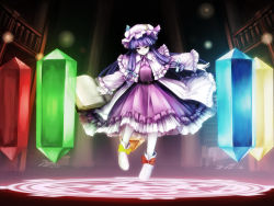 Rule 34 | 1girl, bad id, bad pixiv id, book, bow, crescent, crystal, dress, floating, floating book, floating object, frills, glowing, hat, long hair, magic circle, nishi masakazu, open book, outstretched arms, patchouli knowledge, philosopher&#039;s stone, purple eyes, purple hair, ribbon, footwear ribbon, shoes, smile, solo, touhou