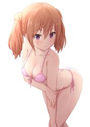 Rule 34 | 1girl, absurdres, alice gear aegis, ass, bikini, breasts, brown hair, butt crack, cleavage, front-tie bikini top, front-tie top, highres, hutokumi, kimikage yui, leaning forward, looking at viewer, medium breasts, medium hair, pink bikini, purple eyes, side-tie bikini bottom, simple background, sky, smile, solo, swimsuit, twintails, white background