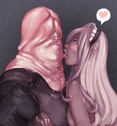 Rule 34 | 1boy, 1girl, armor, breast press, breastplate, clothed male nude female, dark skin, facial mark, heart, kusagami style, licking, lips, long hair, looking at viewer, maid headdress, misplaced genitals, no eyes, nude, penis head, pointy ears, simple background, spoken heart, star (symbol), tongue, tongue out, what