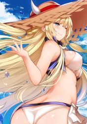 Rule 34 | 1girl, alternate costume, ascot, ass, azur lane, bikini, blonde hair, blue eyes, blue sky, blush, braid, breasts, butt crack, cloud, commentary, covered erect nipples, cropped jacket, day, floating hair, from behind, half-closed eye, hand up, hat, highres, horns, kongou (azur lane), large breasts, long hair, looking at viewer, one eye closed, outdoors, side braid, sidelocks, sky, sleeveless, sleeveless jacket, smile, solo, sun hat, swimsuit, thighs, tobimura, tsurime, twisted torso, water drop, white bikini, wind