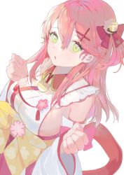 Rule 34 | 1girl, :o, bell, breasts, detached sleeves, green eyes, hair bell, hair between eyes, hair ornament, hairclip, highres, hololive, hoshizora midoriko, long hair, pink hair, sakura miko, sakura miko (1st costume), sideboob, solo, virtual youtuber, white background, x hair ornament