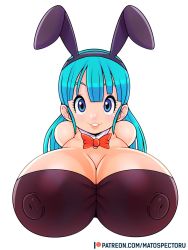 Rule 34 | 1girl, animal ears, black leotard, blue eyes, blue hair, blush, bow, bowtie, breasts, bulma, cleavage, covered erect nipples, dragon ball, facing viewer, fake animal ears, highres, large breasts, leotard, looking at viewer, mato spectoru, nose blush, playboy bunny, rabbit ears, simple background, smile, solo, upper body, white background