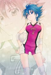 Rule 34 | 1girl, aizen (syoshiyuki), ball, bare shoulders, blue eyes, blue hair, collarbone, commentary, cowboy shot, elbow pads, feet out of frame, female focus, gym shirt, gym shorts, hair between eyes, hand on own hip, highres, holding, holding ball, knee pads, nishijima waon, precure, projected inset, shirt, short hair, short shorts, shorts, sleeveless, sleeveless shirt, smile, solo, sportswear, suite precure, uniform, volleyball (object), volleyball uniform, zoom layer
