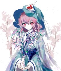 Rule 34 | 1girl, blue hat, blue kimono, branch, cake mogo, cherry blossoms, commentary request, eyebrows hidden by hair, hair between eyes, hat, highres, holding vase, japanese clothes, kimono, leaf, long sleeves, looking at viewer, medium hair, mob cap, obi, own hands together, pink eyes, pink hair, raised eyebrows, saigyouji yuyuko, sash, solo, touhou, tree, triangular headpiece, wide sleeves