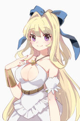 Rule 34 | 1girl, blonde hair, blue bow, blush, bow, breasts, cleavage, cleavage cutout, closed mouth, clothing cutout, commentary request, detached sleeves, dress, grey background, hair bow, hair intakes, halterneck, hand up, kono yuusha ga ore tueee kuse ni shinchou sugiru, long hair, medium breasts, ponytail, puffy short sleeves, puffy sleeves, purple eyes, ristarte (kono yuusha ga ore tueee kuse ni shinchou sugiru), shadowsinking, short sleeves, simple background, smile, solo, very long hair, white dress, white sleeves