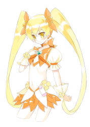 Rule 34 | 10s, 1girl, blonde hair, bow, brooch, cowboy shot, cropped legs, cure sunshine, hair ribbon, hand on own chest, heart, heart brooch, heartcatch precure!, jewelry, long hair, magical girl, meito (maze), midriff, myoudouin itsuki, navel, orange bow, orange skirt, precure, ribbon, skirt, smile, solo, twintails, very long hair, white background, yellow eyes