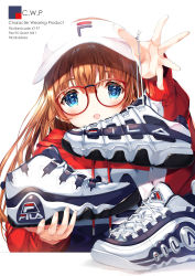 Rule 34 | 1girl, :d, blue eyes, brown hair, commentary request, drawstring, fila, glasses, hair between eyes, hat, highres, holding, holding clothes, holding footwear, holding shoes, hood, hood down, hoodie, long hair, looking at viewer, open mouth, original, red-framed eyewear, red hoodie, shimesaba kohada, shoes, simple background, smile, sneakers, solo, upper body, visor cap, white background, white footwear, white hat