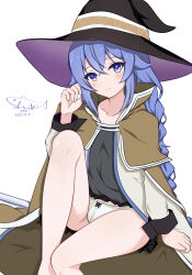 Rule 34 | 1girl, black hat, black shirt, blue eyes, blue hair, blush, braid, brown cloak, cloak, closed mouth, dated, eyebrows hidden by hair, feet out of frame, flat chest, hair between eyes, hand in own hair, hashtag-only commentary, hat, highres, jacket, knee up, light smile, long bangs, long hair, looking at viewer, luoqixi373925, mage staff, mushoku tensei, no pants, panties, roxy migurdia, shirt, signature, sitting, solo, twin braids, underwear, very long hair, white jacket, white panties, witch hat