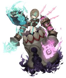 Rule 34 | 1girl, aqua eyes, book, bound, bound arms, brown hair, dark persona, detached arm, energy blade, expressionless, extra arms, eyepatch, floating, floating book, floating object, full body, gretel (sinoalice), half-nightmare, ji no, male focus, navel, official art, pale skin, sinoalice, solo, straitjacket, teeth, transparent background