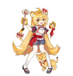 Rule 34 | 1girl, :3, ahoge, animal ears, animal hands, ark order, black shorts, blonde hair, bow, crown, fang, full body, gloves, hatoyama itsuru, holding, holding wand, leo (ark order), lion, lion ears, lion tail, long hair, magical girl, mini crown, official art, pantyhose, paw gloves, puffy short sleeves, puffy sleeves, red bow, shirt, short sleeves, shorts, solo, sparkle, tachi-e, tail, tail bow, tail ornament, transparent background, v-shaped eyebrows, very long hair, wand, white pantyhose, white shirt, yellow eyes
