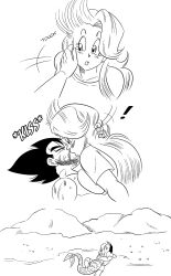 Rule 34 | 1boy, 1girl, beach, black hair, breast press, bulma, comic, commentary, dragon ball, dragonball z, facial hair, fins, fish tail, funsexydb, greyscale, hand on another&#039;s face, highres, hug, kiss, long hair, mermaid, monochrome, monster girl, muscular, muscular male, scales, sound effects, spiked hair, stubble, tail, topless male, vegeta