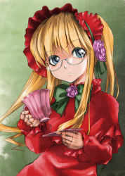 Rule 34 | 00s, blonde hair, blue eyes, bow, cup, doll joints, flower, glasses, gothic lolita, green background, joints, kazumiya akira, lolita fashion, long hair, rose, rozen maiden, saucer, shinku, simple background, solo, tea