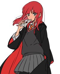 Rule 34 | 1girl, black eyes, cloak, collared shirt, earrings, envelope, expressionless, gryffindor, harry potter (series), hogwarts school uniform, holding, holding envelope, jewelry, long hair, necktie, pantyhose, pleated skirt, red (south park), red hair, red mcarthur, school uniform, shirt, skirt, solo, south park, striped necktie, sweater, ten (lu2948d), wizarding world