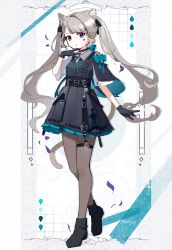 Rule 34 | 1girl, adapted costume, alternate hairstyle, animal ears, black capelet, black choker, black dress, black footwear, black gloves, blue bow, bow, capelet, cat ears, choker, commentary request, dress, facial mark, full body, genshin impact, gloves, grey hair, grey pantyhose, highres, long hair, looking at viewer, lynette (genshin impact), pantyhose, purple eyes, shoes, short dress, short sleeves, solo, standing, star (symbol), thigh strap, twintails, utori (tanakautori), very long hair