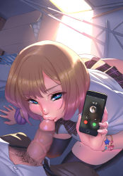 Rule 34 | 1boy, 1girl, ass, blue eyes, bracelet, brown hair, cellphone, censored, cheating (relationship), fallan denzell, fellatio, heart, heart-shaped pupils, hetero, highres, jewelry, kissing penis, looking at viewer, mole, mole on nose, mole on thigh, mosaic censoring, netorare, open door, oral, original, penis, phone, phone call, pov, pov crotch, pubic hair, school uniform, scrunchie, smoke (flyx21), store room, symbol-shaped pupils, translated, uniform, wrist scrunchie
