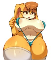 Rule 34 | 1girl, absurdres, animal ears, areola slip, blush, breasts, breasts apart, brown eyes, cowboy shot, curvy, furry, furry female, highres, ichig8miruku, large breasts, looking down, mature female, navel, open mouth, rabbit ears, rabbit girl, slingshot swimsuit, solo, sonic (series), standing, sweat, swimsuit, thick thighs, thighhighs, thighs, vanilla the rabbit, white thighhighs