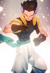 Rule 34 | 1boy, bad id, bad pixiv id, black hair, dragon ball, dragonball z, fusion, gloves, gotenks, highres, looking at viewer, male focus, multicolored hair, muscular, official style, aged up, purple hair, smile, solo, spiked hair, supobi, two-tone hair, vest