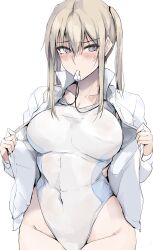 Rule 34 | 1girl, black shirt, blush, breasts, closed mouth, collarbone, covered navel, cowboy shot, graf zeppelin (kancolle), grey eyes, groin, hair between eyes, highres, jacket, kantai collection, large breasts, long hair, long sleeves, mouth hold, one-piece swimsuit, open clothes, open jacket, shirt, simple background, solo, swimsuit, whistle, whistle around neck, white background, white jacket, white one-piece swimsuit, zekkyon