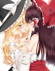 Rule 34 | 2girls, after kiss, apron, bare shoulders, black hat, black skirt, blonde hair, blush, bow, braid, breath, brown eyes, brown hair, collarbone, commentary request, dress, eye contact, flat chest, frilled bow, frills, hair between eyes, hair bow, hair censor, hair tubes, hakurei reimu, hat, hat bow, highres, kirisame marisa, kiss, long hair, looking at another, multiple girls, nose blush, off shoulder, open mouth, profile, rankasei, red bow, red dress, saliva, saliva trail, shirt, sidelocks, simple background, single braid, skirt, sweat, tongue, touhou, upper body, waist apron, white apron, white background, white bow, white shirt, witch hat, yellow eyes, yuri