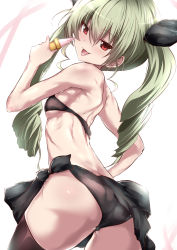 Rule 34 | 10s, 1girl, anchovy (girls und panzer), ass, bandeau, bare shoulders, bikini, black bikini, black thighhighs, blush, drill hair, food, from behind, girls und panzer, green hair, hair ribbon, ice cream, long hair, looking at viewer, looking back, red eyes, ribbon, sarong, smile, solo, strapless, swimsuit, tai (nazutai), thighhighs, tongue, tongue out, tube top, twin drills, twintails