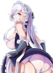 Rule 34 | 10eki (tenchou), 1girl, absurdres, apron, ass, azur lane, back, bare shoulders, belfast (azur lane), blue dress, blush, braid, breasts, closed mouth, clothes lift, dress, dress lift, flashing, french braid, frilled gloves, frills, garter straps, gloves, highres, large breasts, long hair, looking at viewer, looking back, maid, maid headdress, panties, purple eyes, simple background, smile, solo, thighhighs, underwear, upskirt, white apron, white background, white hair, white panties