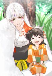 Rule 34 | 1boy, 1girl, age difference, ah yoshimizu, armor, black hair, breastplate, checkered clothes, closed eyes, commentary, crescent, crescent facial mark, day, expressionless, facial mark, floral print kimono, foliage, forehead mark, grass, green sash, hands on lap, happy, inuyasha, japanese clothes, kimono, long hair, looking at another, looking down, orange kimono, outdoors, pants, parted lips, pointy ears, red tassel, rin (inuyasha), sash, sesshoumaru, shoulder armor, shoulder spikes, side ponytail, sitting, smile, spikes, tree, white fur, white hair, white kimono, white pants, yellow eyes, yellow sash